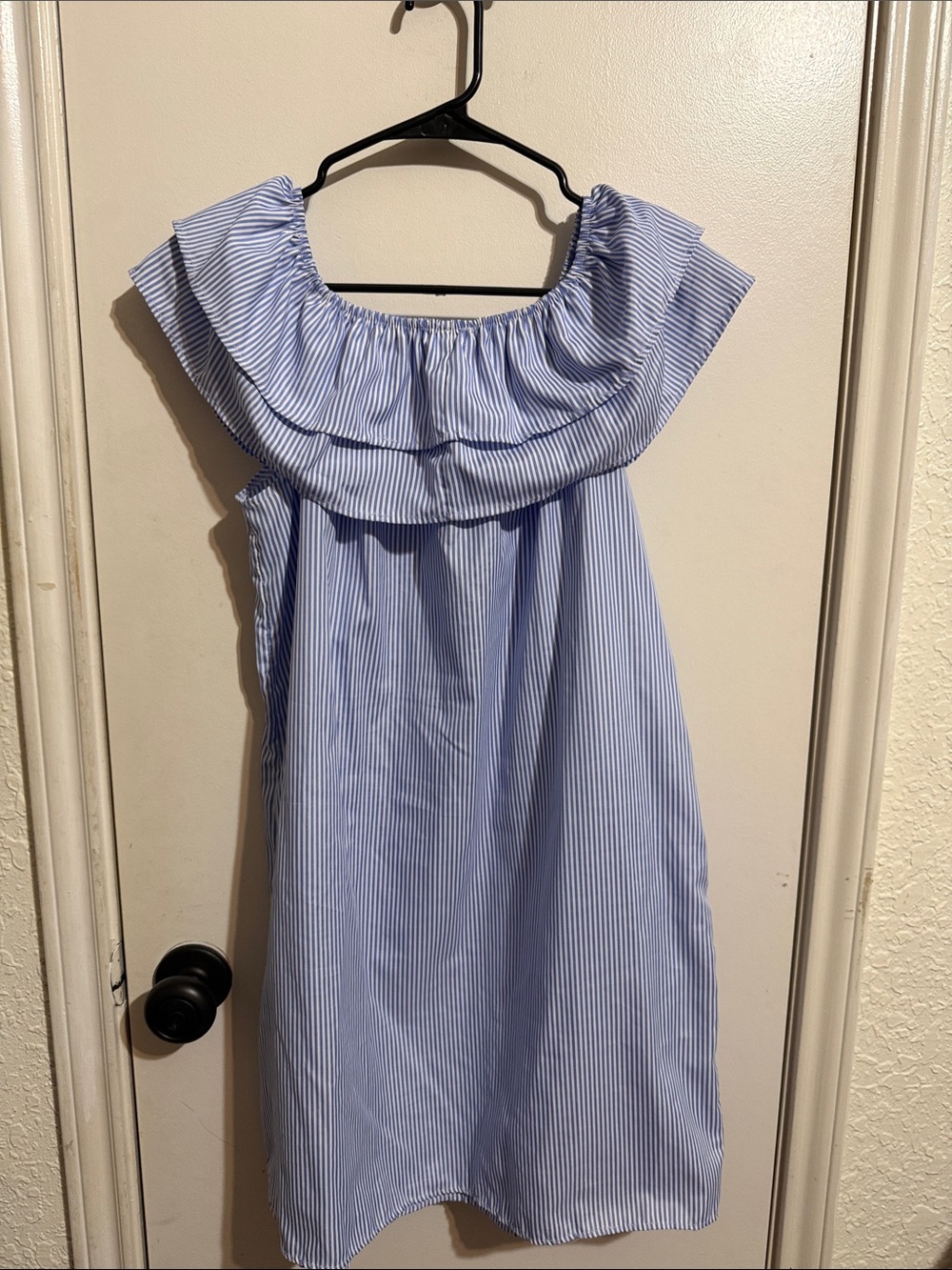 Blue Pinstripe Off-Shoulder Ruffle Dress